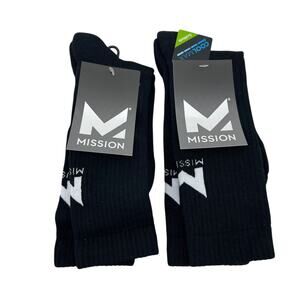 Mission Crew Socks Mens 9-12 Black CoolMax Odor Resistant Stretch Lot 2 Pairs